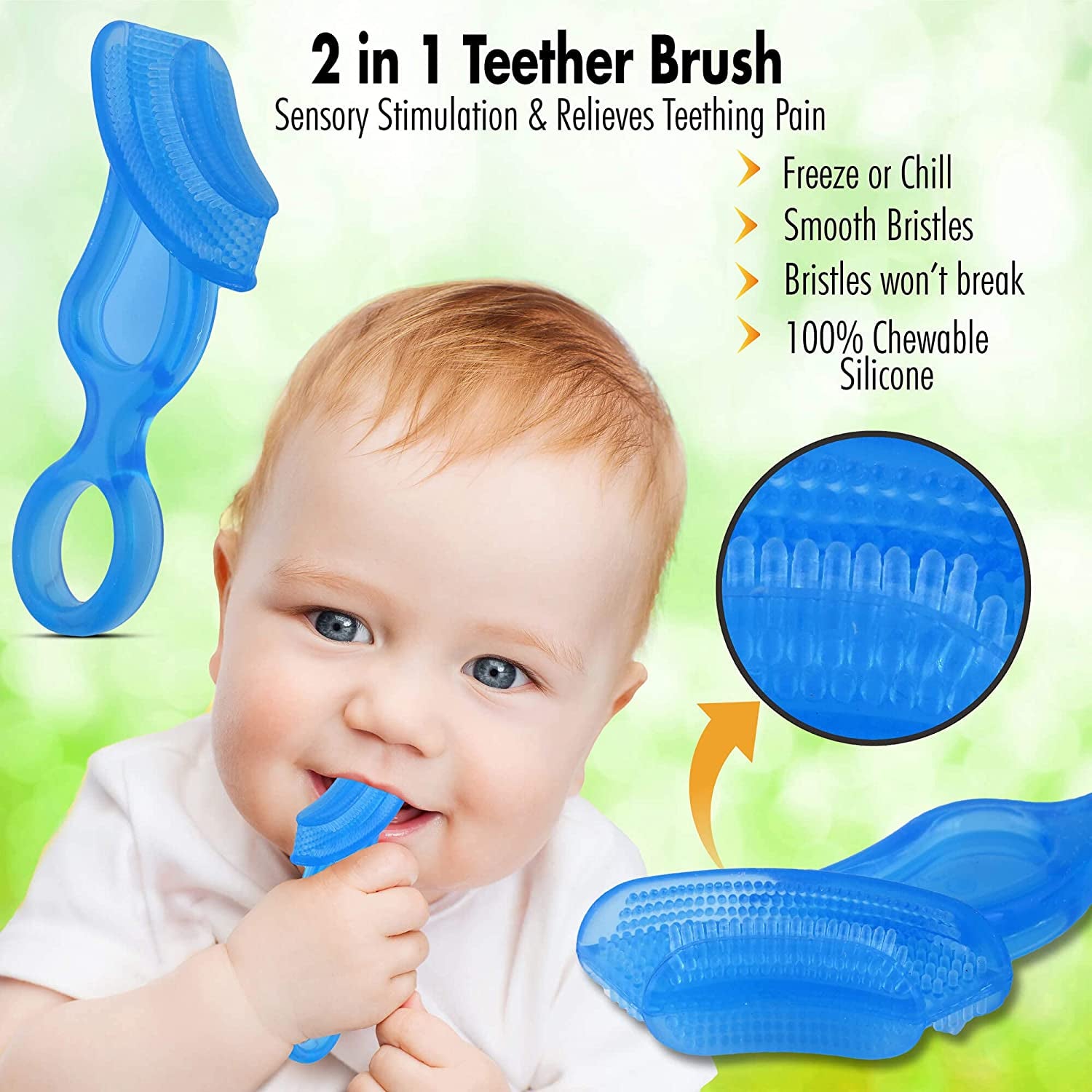 Baby’S First Toothbrush & Teether - Dentist Recommended, Freezer-Safe Silicone for Ages 4+ Months, Teething Relief + Dental Care, Dishwasher Safe, Blue