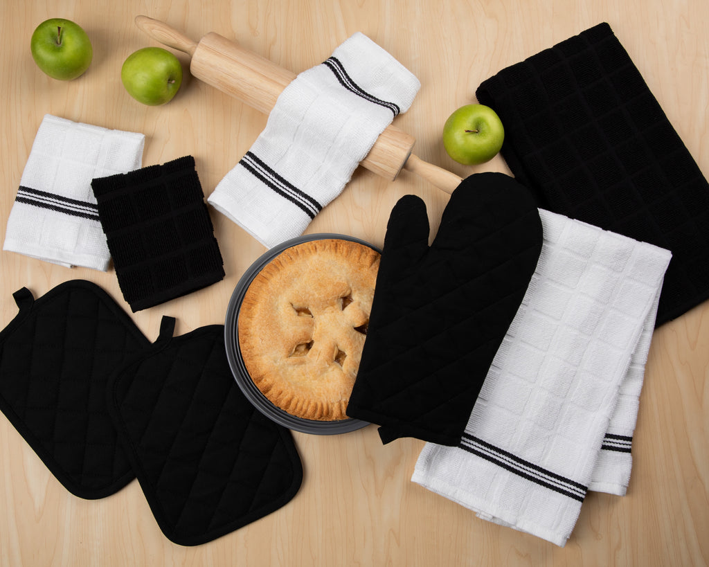 8-Piece Cotton Kitchen Towel, Dishcloth, Oven Mitt, and Pot Holder Set, Black