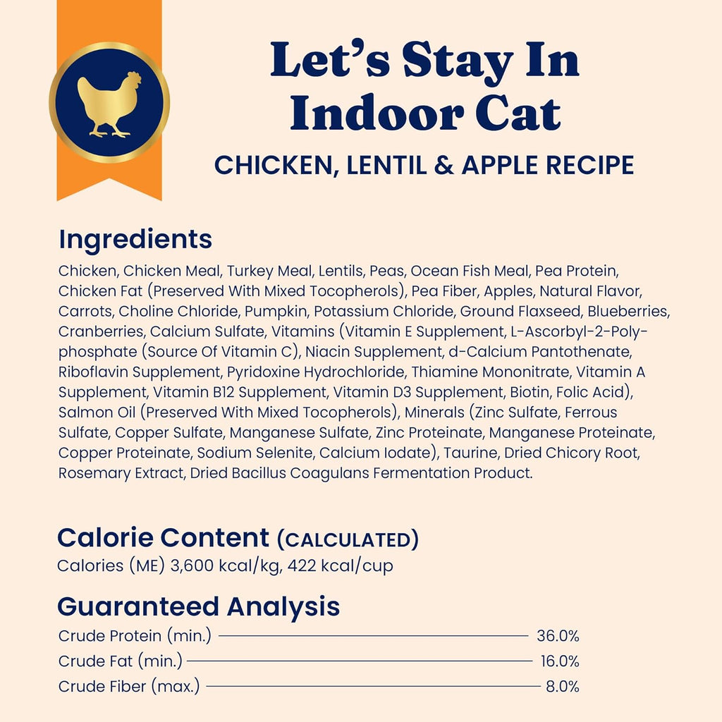 Indoor Dry Cat Food - Grain Free & Gluten Free - Chicken Cat Food Dry Kibble for Indoor Cats for Gut Health - Sensitive Stomach & Hairball Support for Adult Cats - 12LB