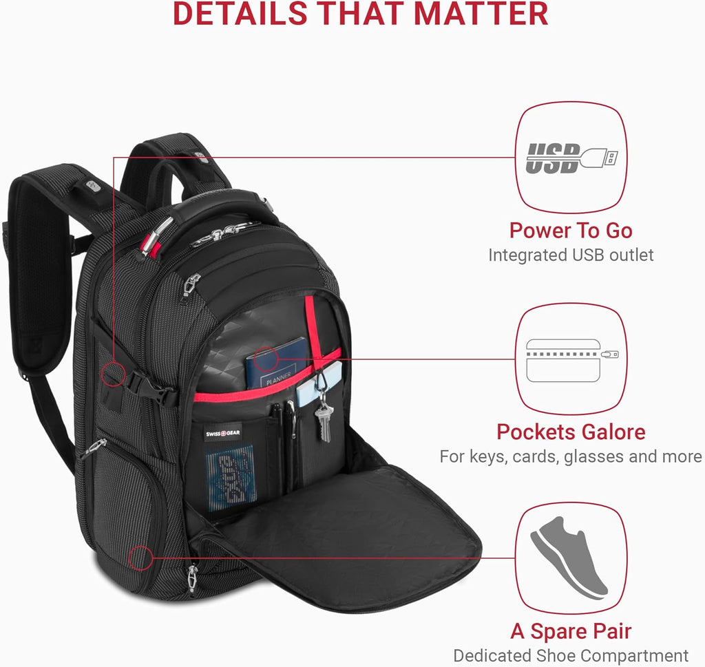 Travel Tech Elite Laptop Backpack – Fits Laptops up to 16” – Scansmart Tsa-Friendly Backpack with USB Port, Shoe Compartment & Organizer Pockets – Black Dot