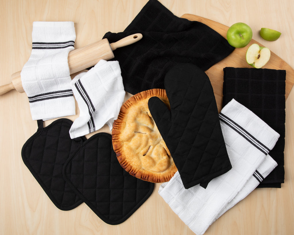 8-Piece Cotton Kitchen Towel, Dishcloth, Oven Mitt, and Pot Holder Set, Black