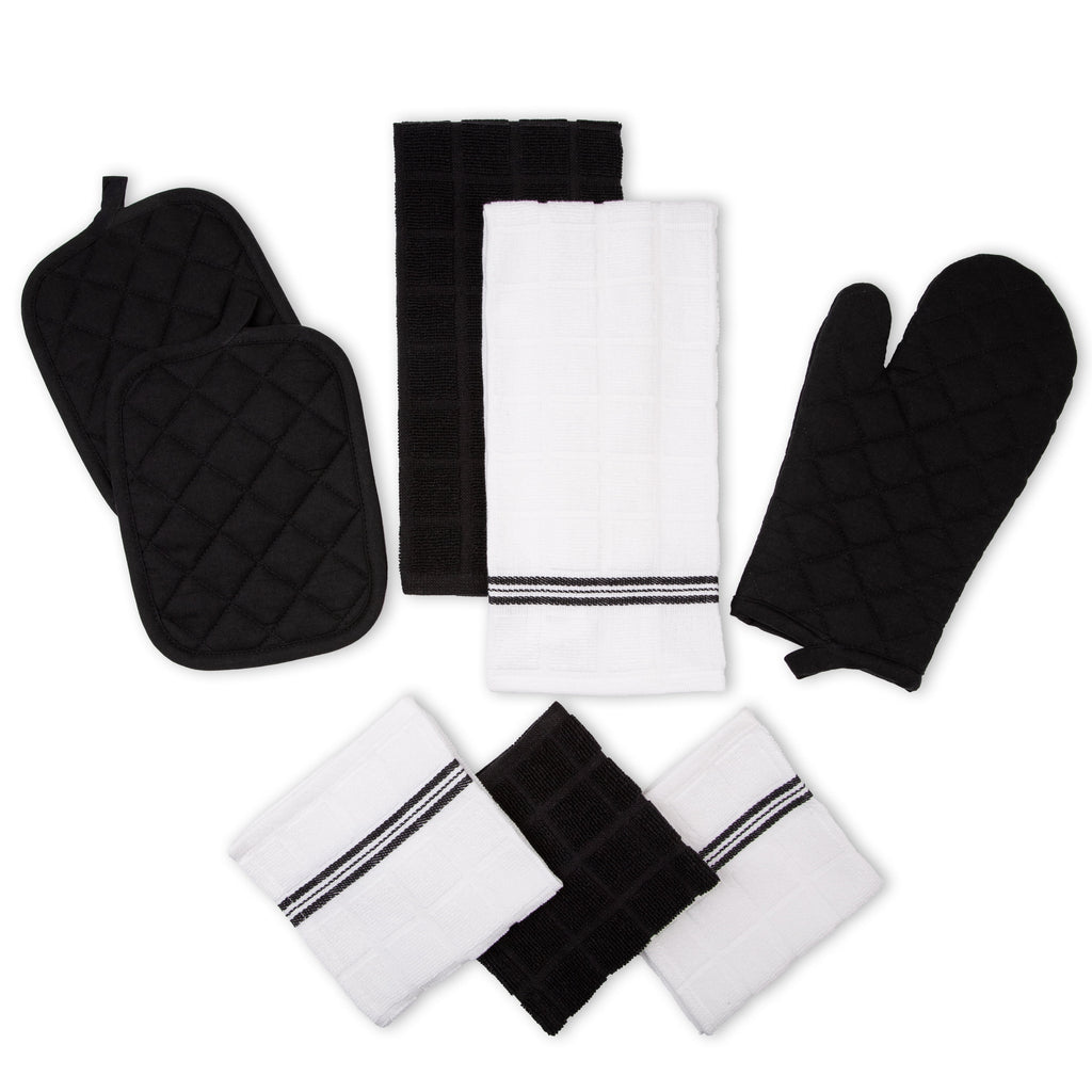 8-Piece Cotton Kitchen Towel, Dishcloth, Oven Mitt, and Pot Holder Set, Black