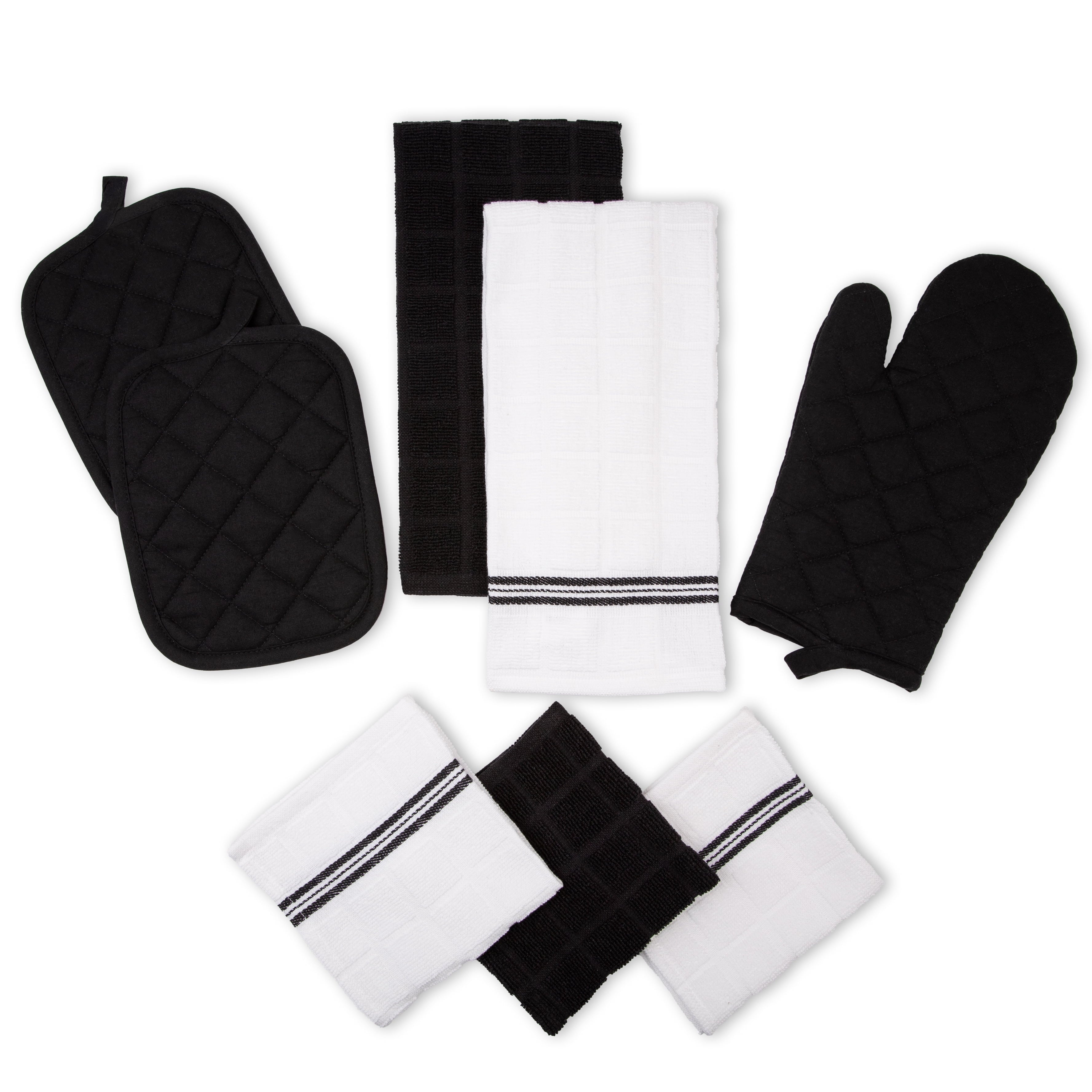 8-Piece Cotton Kitchen Towel, Dishcloth, Oven Mitt, and Pot Holder Set, Black