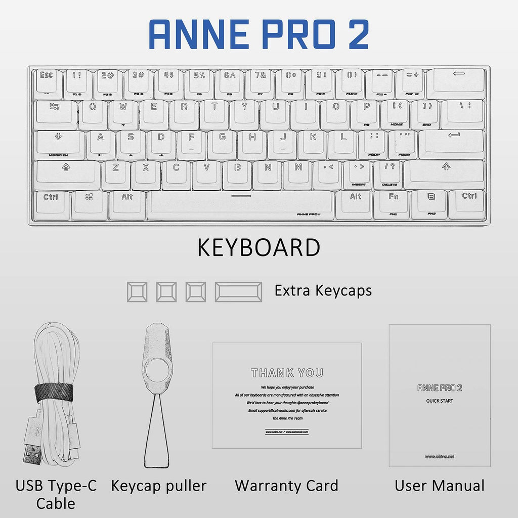 2D, 60% Wired/Wireless Mechanical Keyboard (Kailh Box White Switch/White Case) - Full Keys Programmable - True RGB Backlit - Tap Arrow Keys - Double Shot PBT Keycaps - NKRO - 1900Mah Battery
