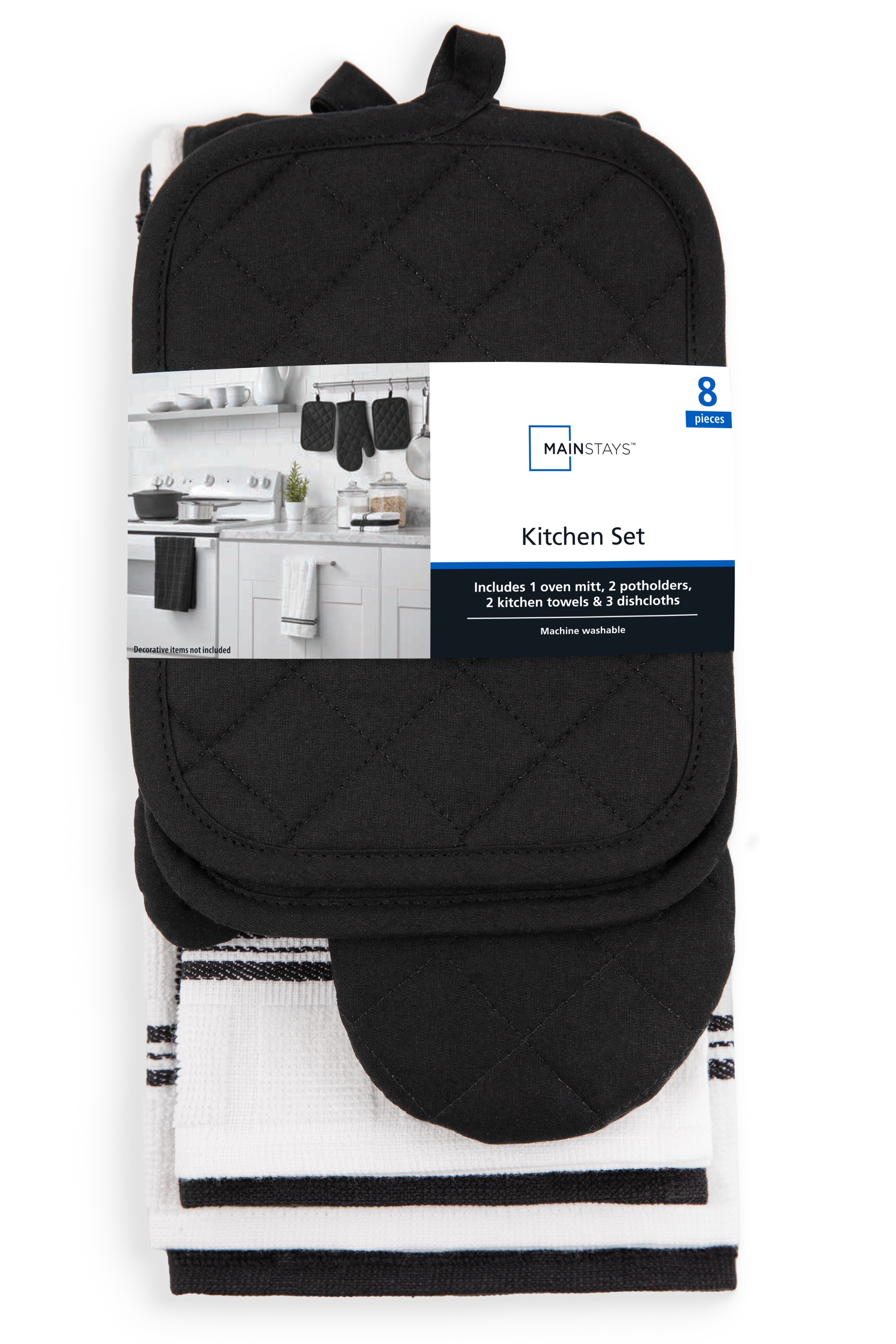8-Piece Cotton Kitchen Towel, Dishcloth, Oven Mitt, and Pot Holder Set, Black
