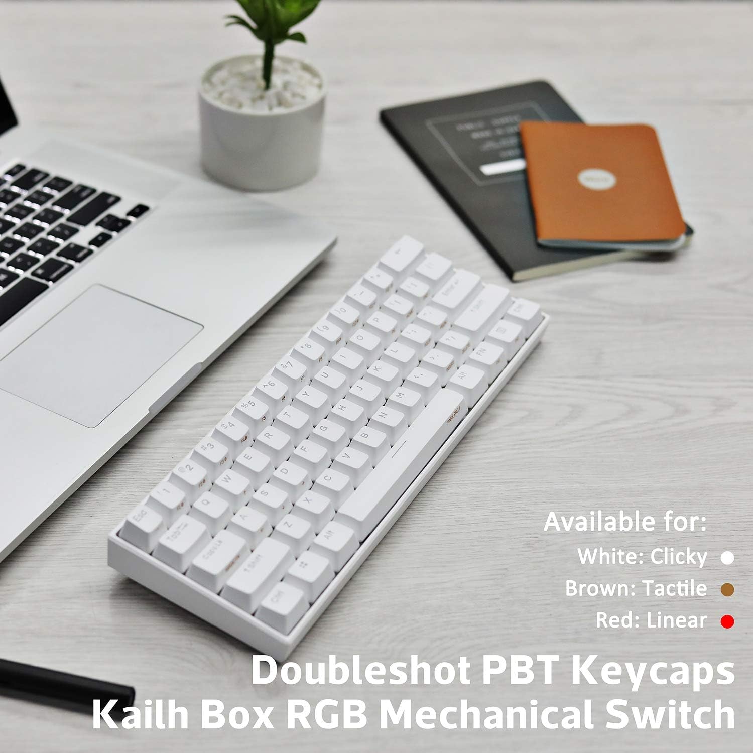 2D, 60% Wired/Wireless Mechanical Keyboard (Kailh Box White Switch/White Case) - Full Keys Programmable - True RGB Backlit - Tap Arrow Keys - Double Shot PBT Keycaps - NKRO - 1900Mah Battery