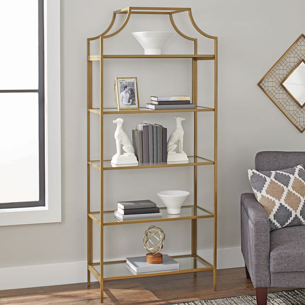 71" Nola 5 Shelf Etagere Bookcase, Gold Finish