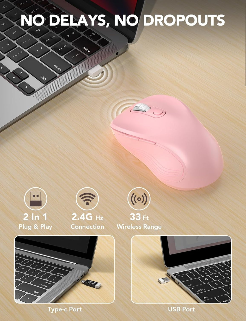 Wireless Mouse for Laptop, 2.4Ghz Ergonomic Computer Mouse with Back & Forward Buttons, 3 Adjustable DPI Levels, 6 Buttons, Optical USB Cordless Mice for Windows Macbook PC, M01 (Baby Pink)
